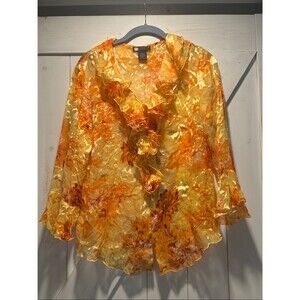 Carole Little Vintage Silk Orange Floral Ruffle Sheer Blouse small
